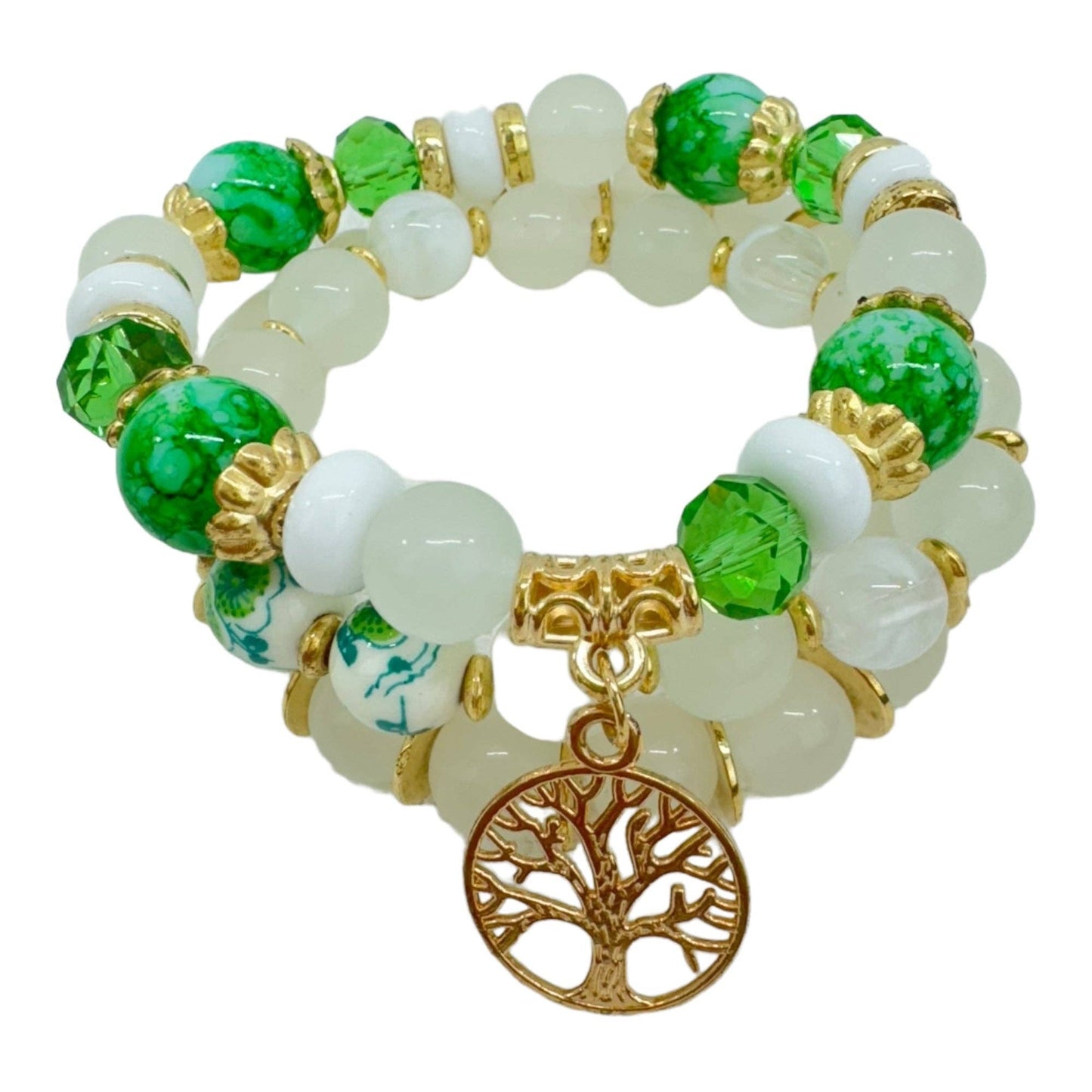 Natural Stone the Tree of Life Bracelet Set 3pcs Green And White