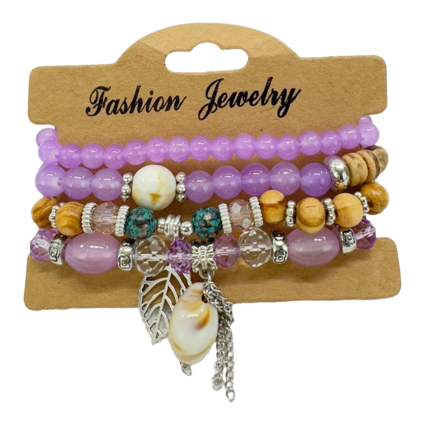 Natural Stone Leaf Shell Charm Bracelet Set 4pcs Purple