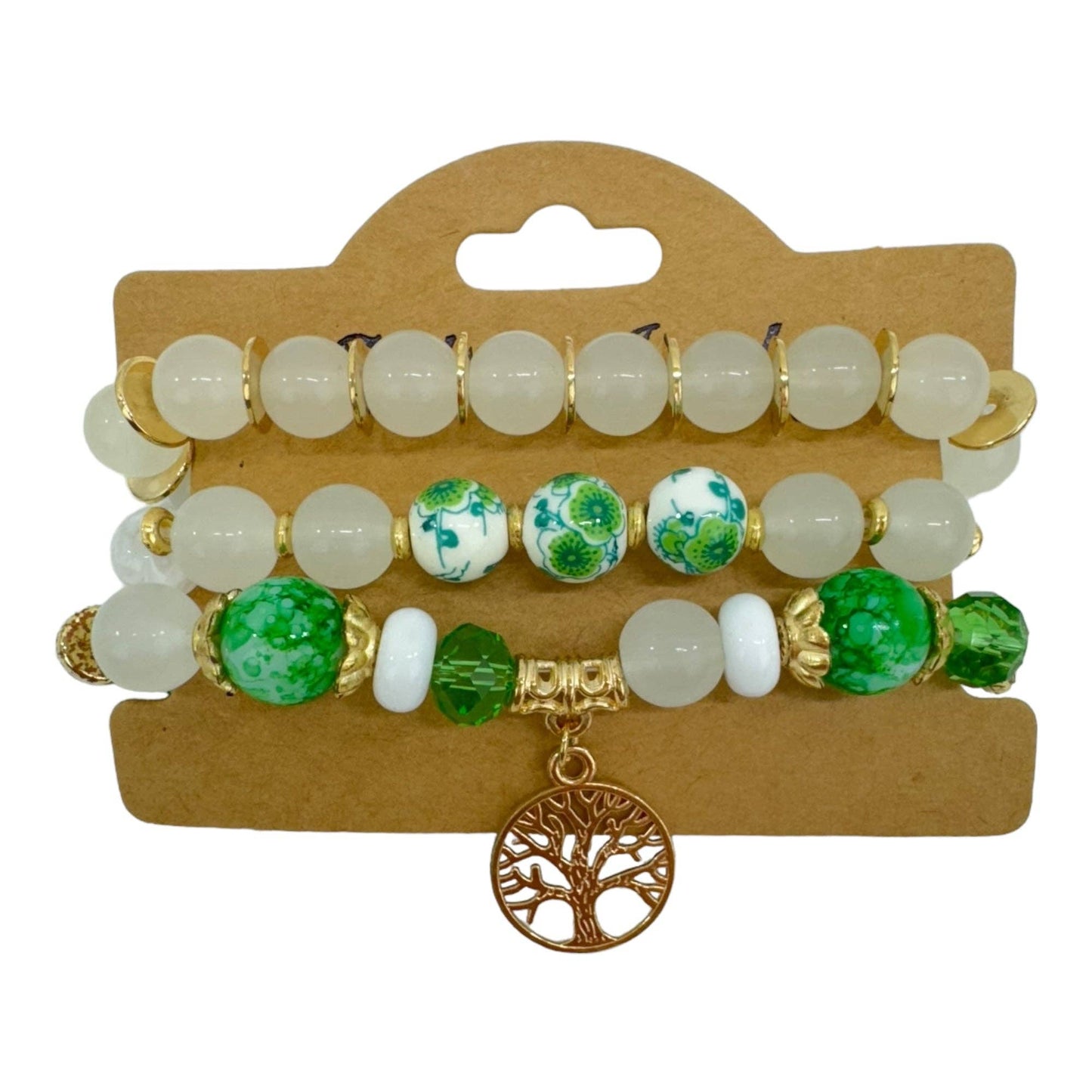 Natural Stone the Tree of Life Bracelet Set 3pcs Green And White