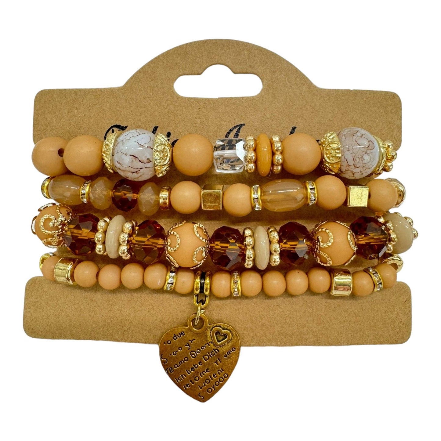 Natural Stone Heart Love Charm Bracelet Set 4pcs Brown Multi