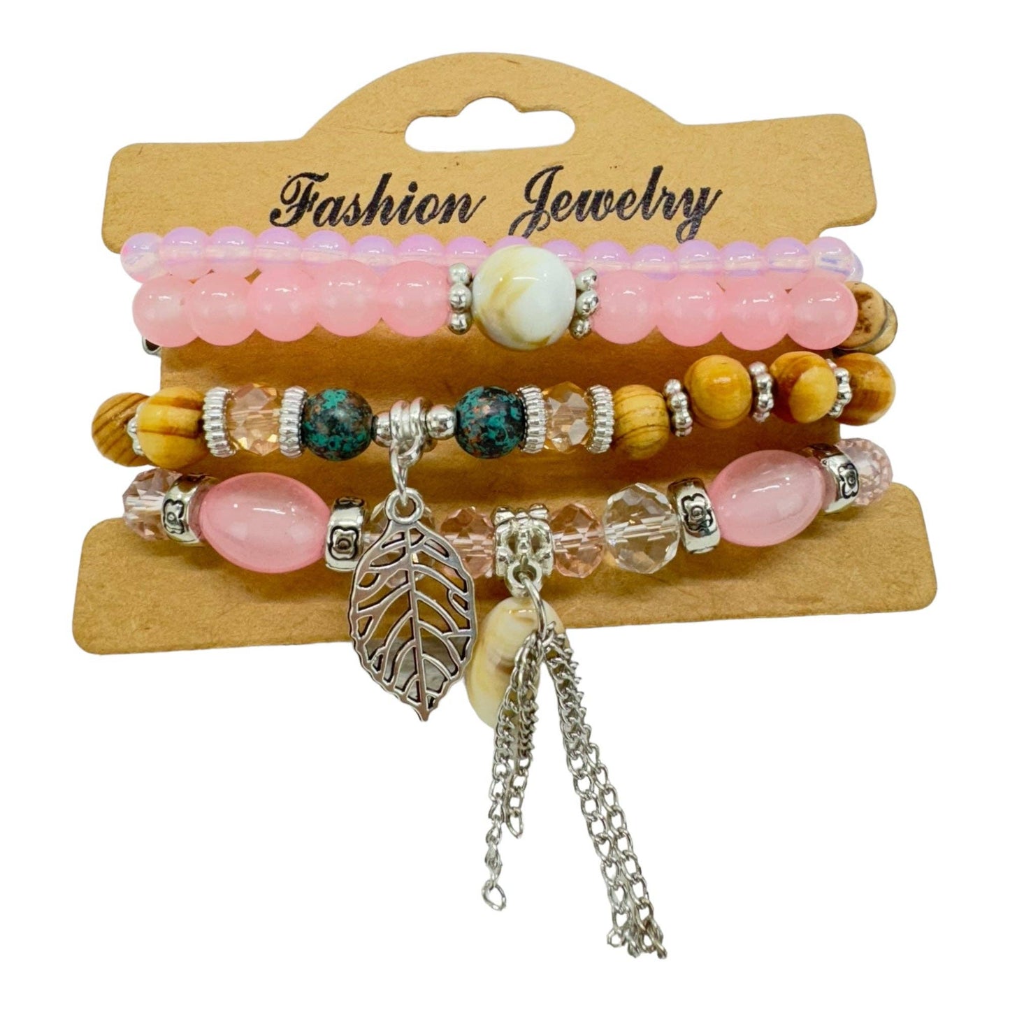 Natural Stone Leaf Shell Charm Bracelet Set 4pcs Peach