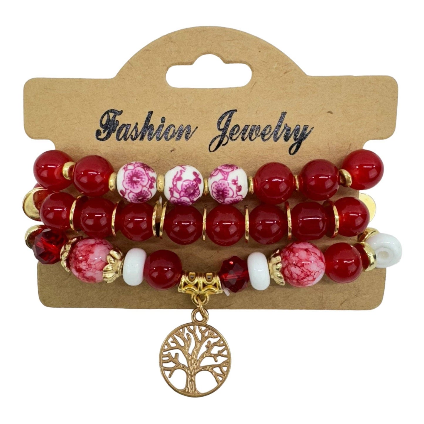 Natural Stone the Tree of Life Bracelet Set 3pcs RED