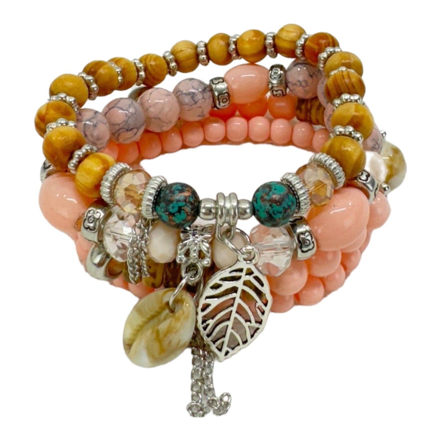 Natural Stone Leaf Shell Charm Bracelet Set 4pcs Peach