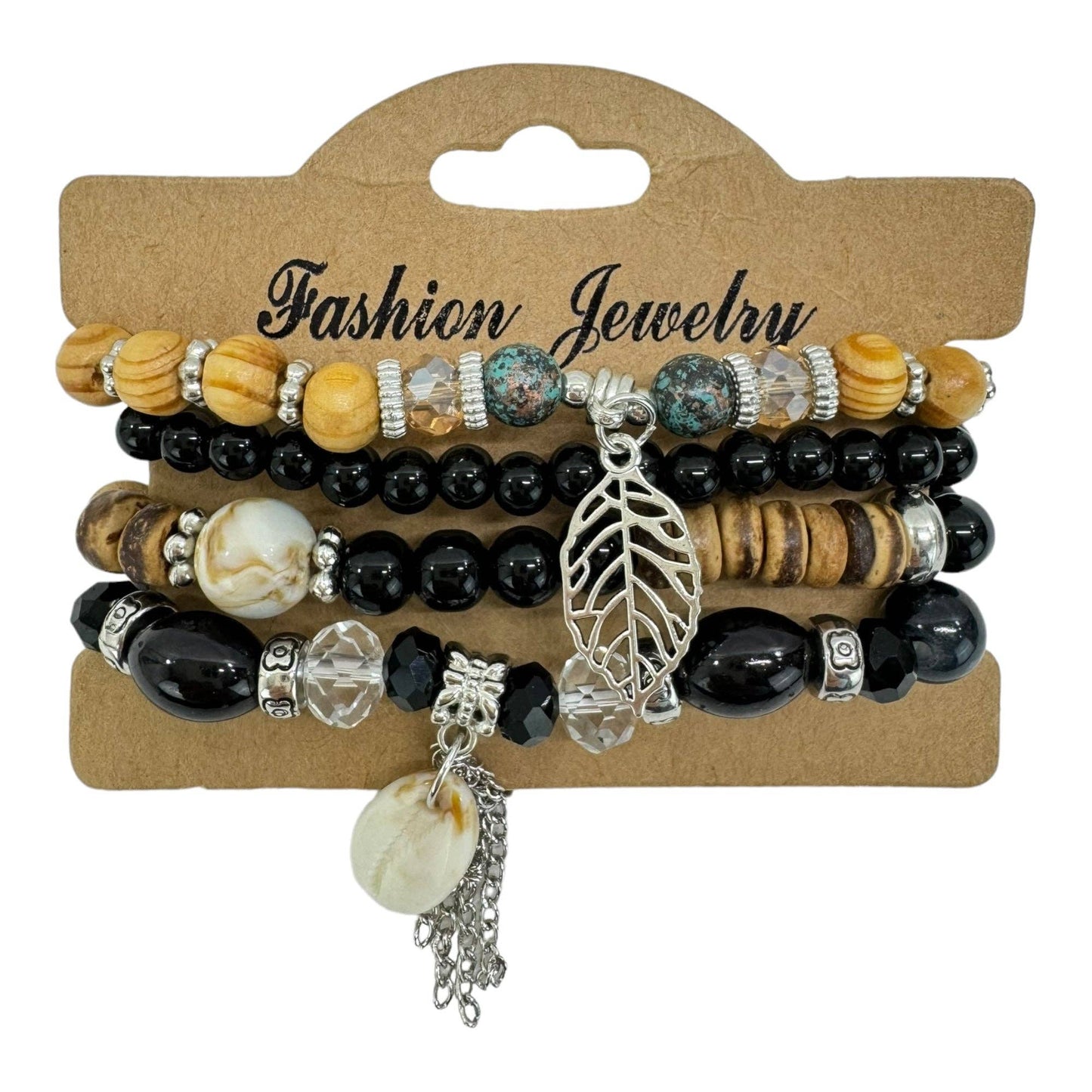 Natural Stone Leaf Shell Charm Bracelet Set 4pcs Black