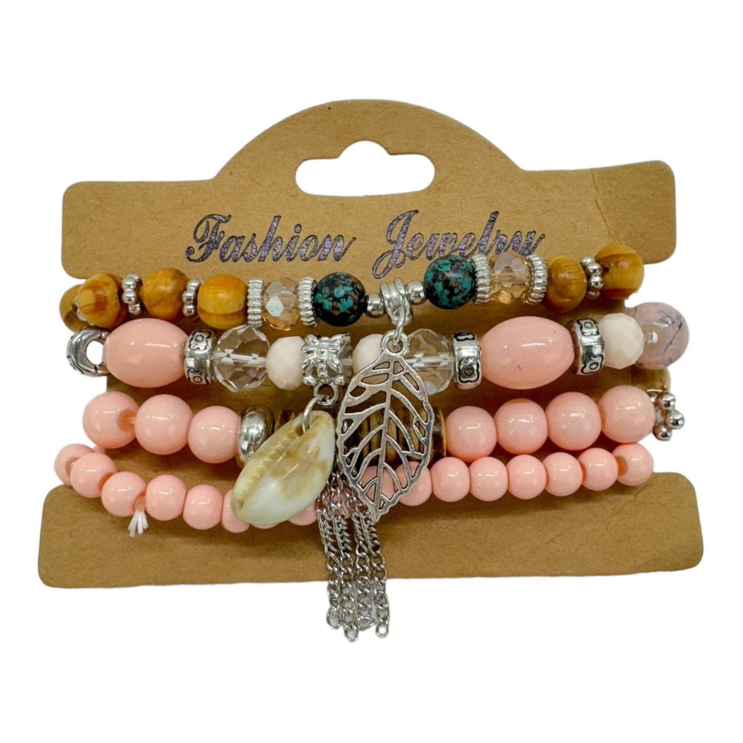Natural Stone Leaf Shell Charm Bracelet Set 4pcs Peach