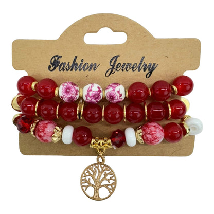Natural Stone the Tree of Life Bracelet Set 3pcs RED