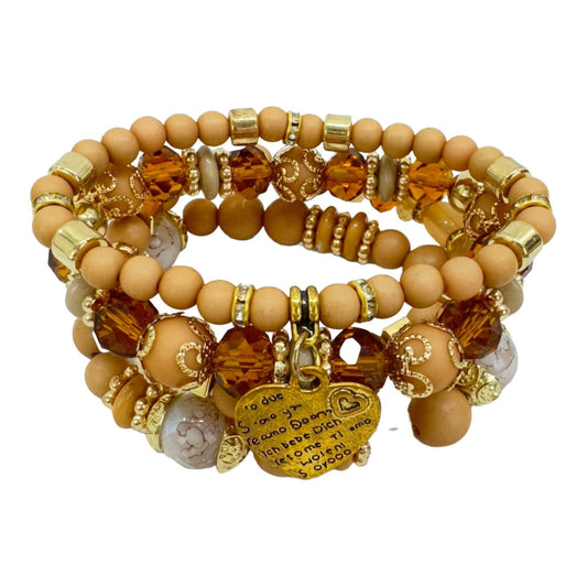 Natural Stone Heart Love Charm Bracelet Set 4pcs Brown Multi