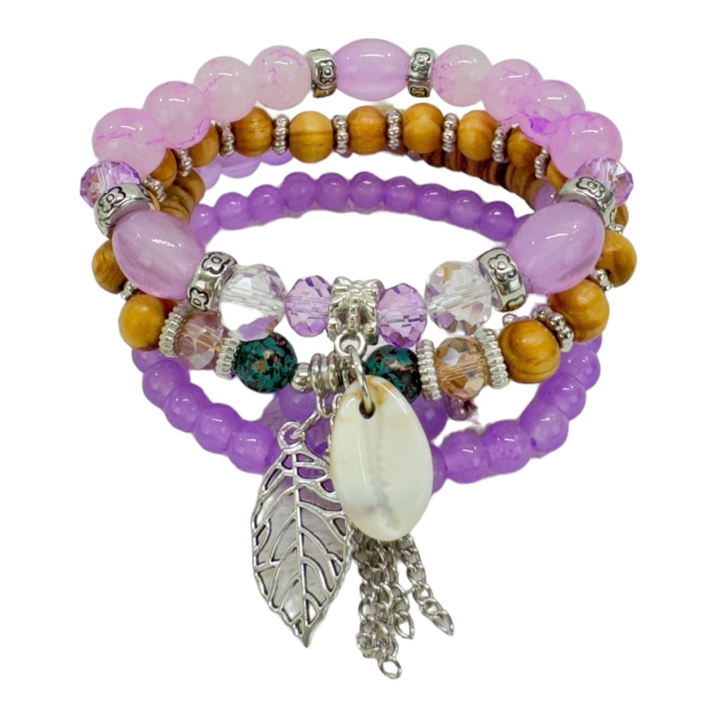 Natural Stone Leaf Shell Charm Bracelet Set 4pcs Purple