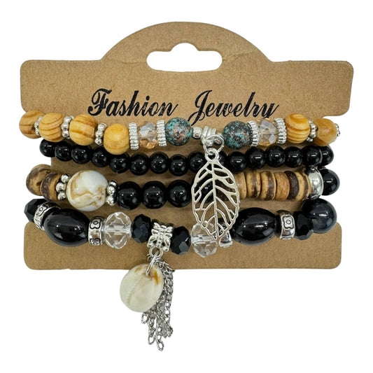 Natural Stone Leaf Shell Charm Bracelet Set 4pcs Black