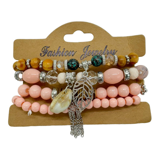 Natural Stone Leaf Shell Charm Bracelet Set 4pcs Peach